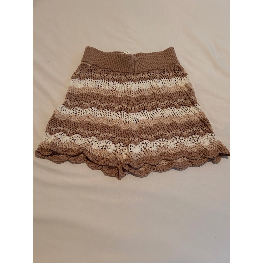 Princess Polly Crochet Knit Shorts Tan White Striped Scalloped High Waist Size 0